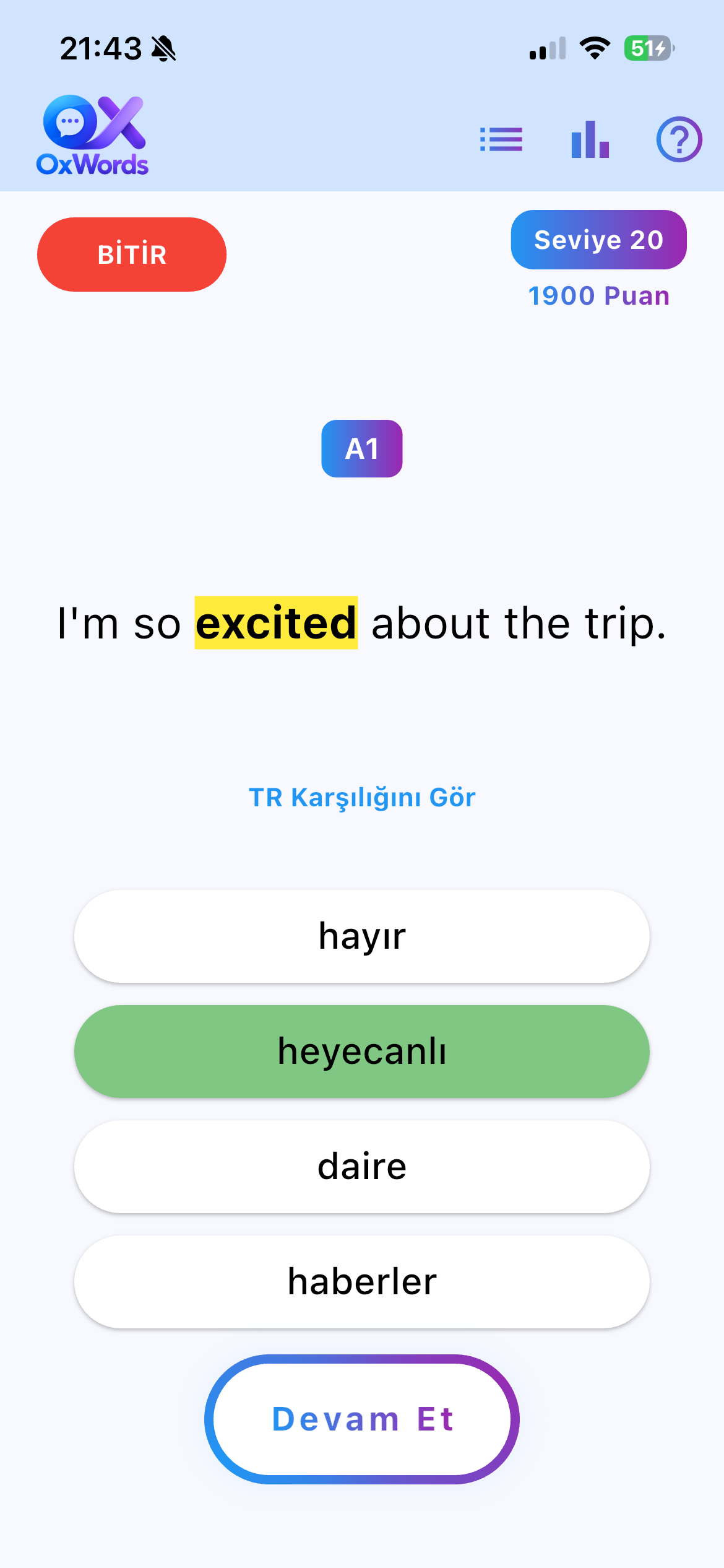 OxWords doğru cevap ekranı