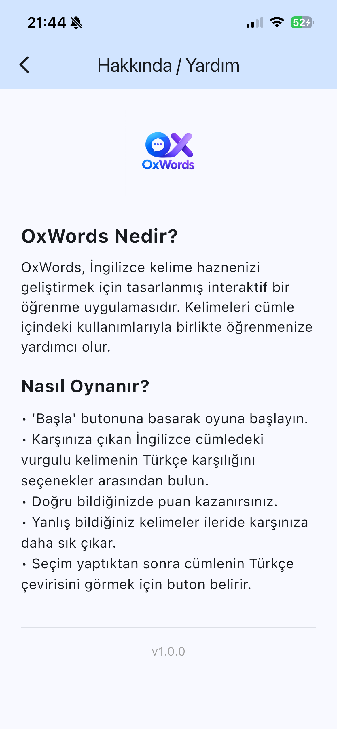 OxWords yardım ekranı