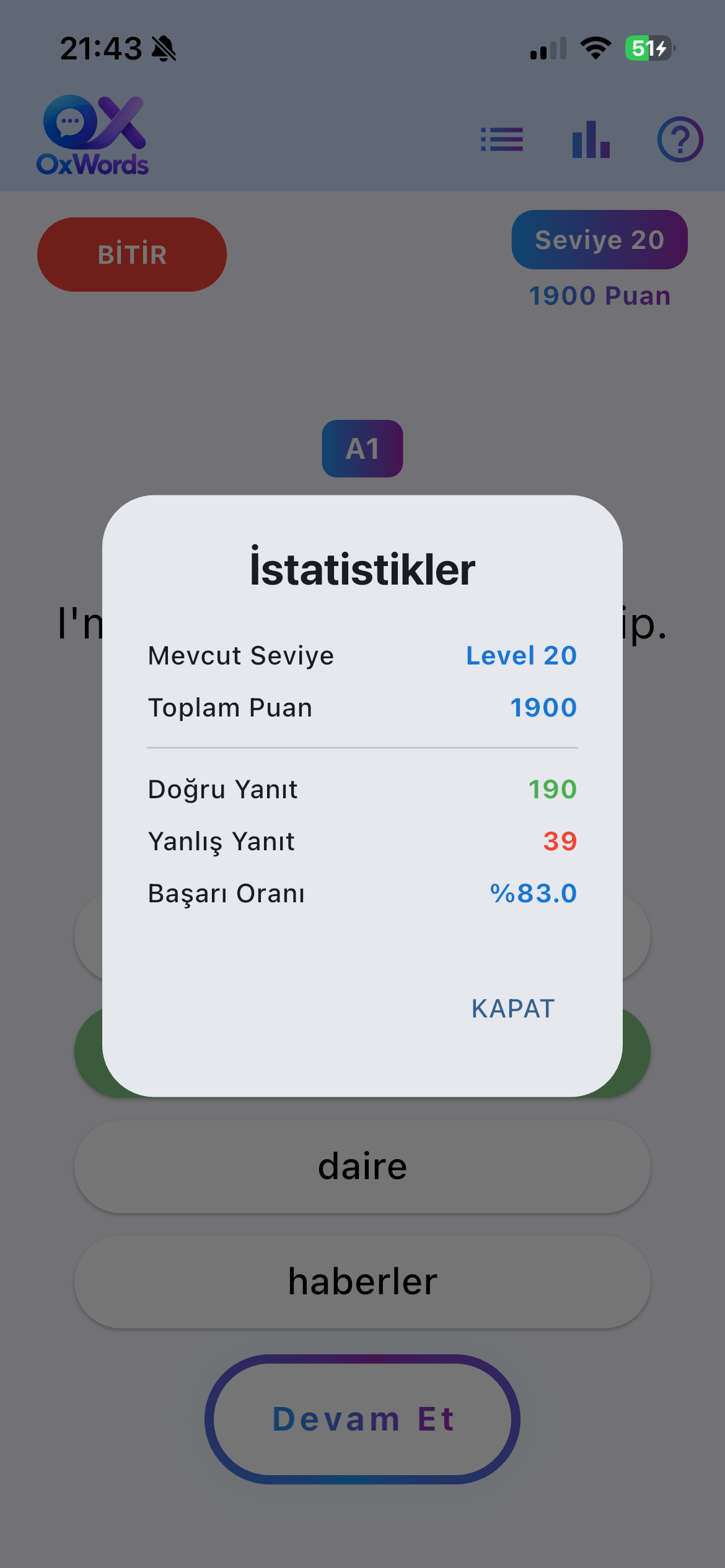 OxWords istatistik ekranı
